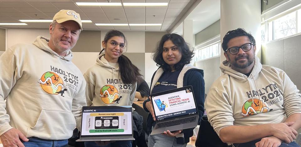 From left to right: Joe Domaleski, Yukti Bishambu, Liza Ghosh, and Nayel Noorani at the Data Science @ GT Hacklytics event in 2025.
