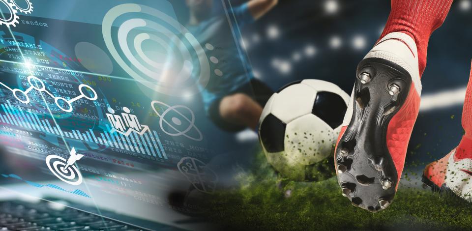 The foot of a soccer player in cleats about to strike the ball with data and computer graphics overlaid to symbolize the intersection of data science and sports.