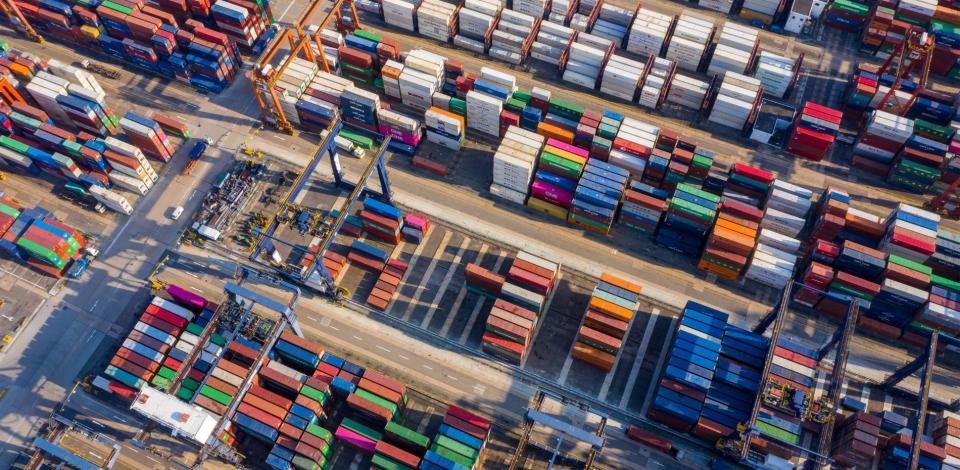 Top down view of shipping container terminal.