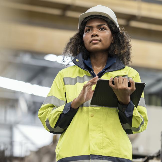 Woman in a hard hat and reflective coat walking through a warehouse