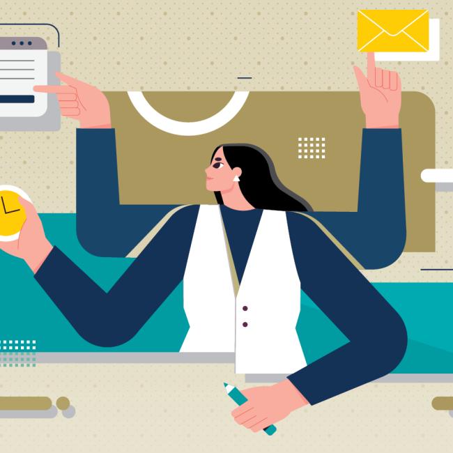 Illustration of a female project manager managing multiple tasks at work.