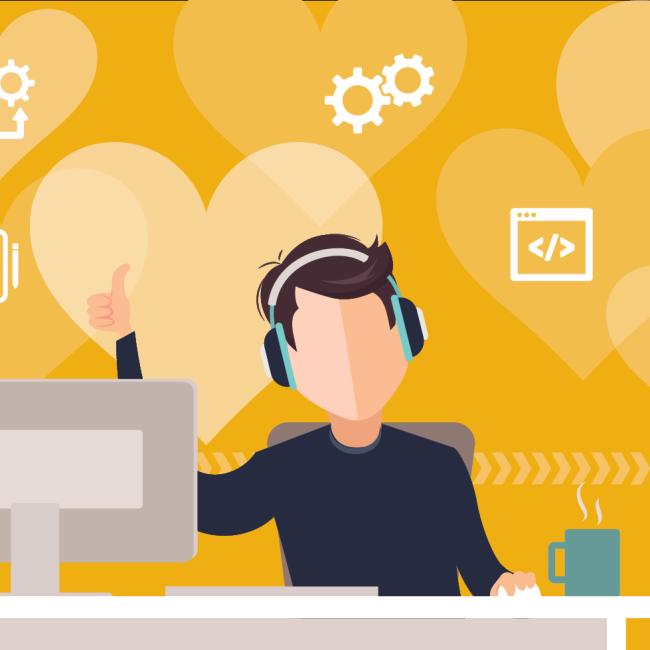 Man loving learning Man sitting in front of computer giving thumbs up